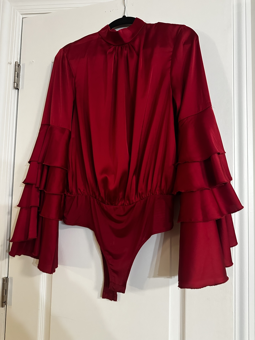 Fashion Nova Red Ruffled Long-Sleeve Bodysuit